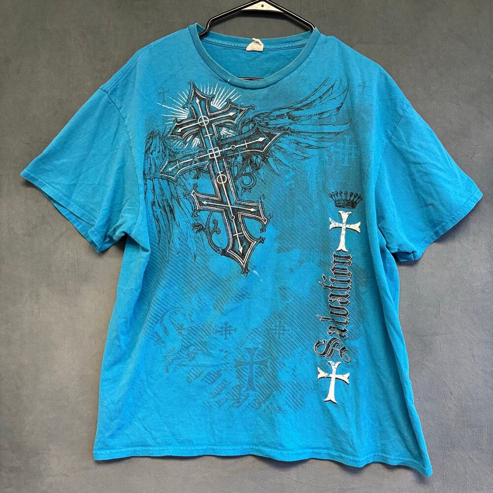 Delta Pro Weight XL Blue Cross Wings Graphic T-Shirt Y2K Christian Gothic